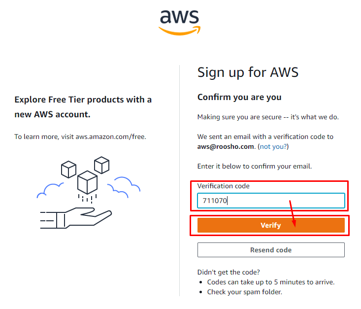Put the Verification Code Sent to Your Email from Aws