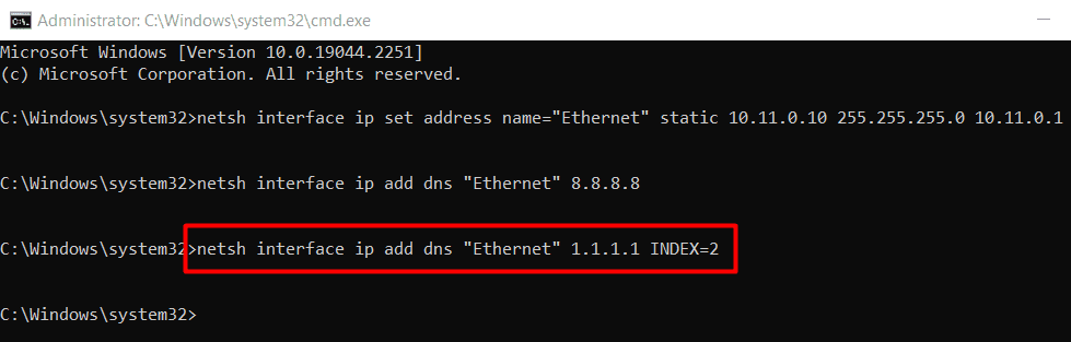 Set secondary or alternative DNS via CMD