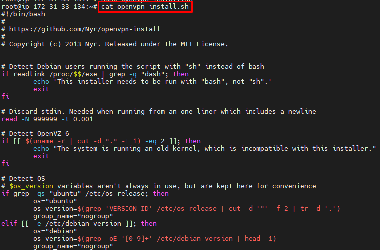 Verify the openvpn-install.sh script by "cat openvpn-install.sh" command