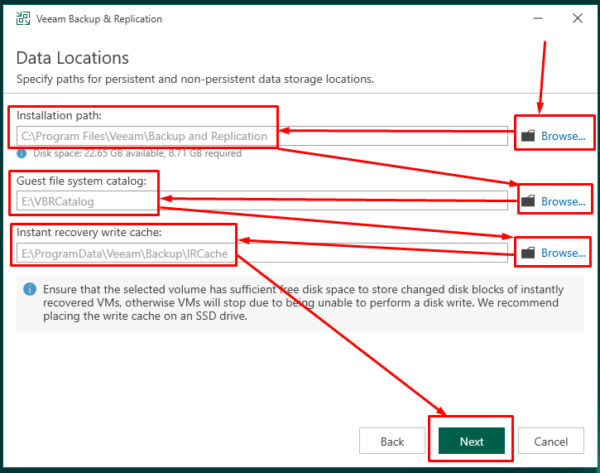 Selecting Data Locations for Veeam Backup and Replication Installation Path, System Catalog and Instant Recovery Cache