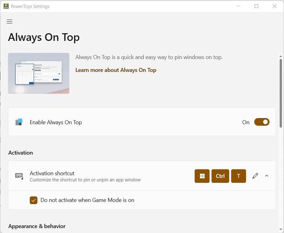 the Always on Top Powertoy Opens Up a Menu with a Few Options: Enabling Always on Top, Customizing the Shortcut and Specifying Whether or Not to Use Always on Top During Game Mode. 