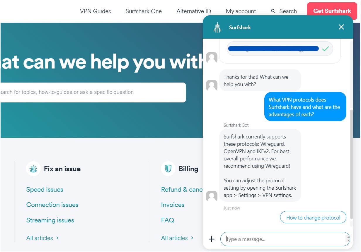 Sample Conversation with Sufshark’s Chatbot.