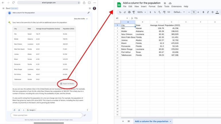 Custom Graphic Showing That when Bard Provides a Response in a Table, Select Export to Sheets to Create a New Google Sheet with the Table Contents.