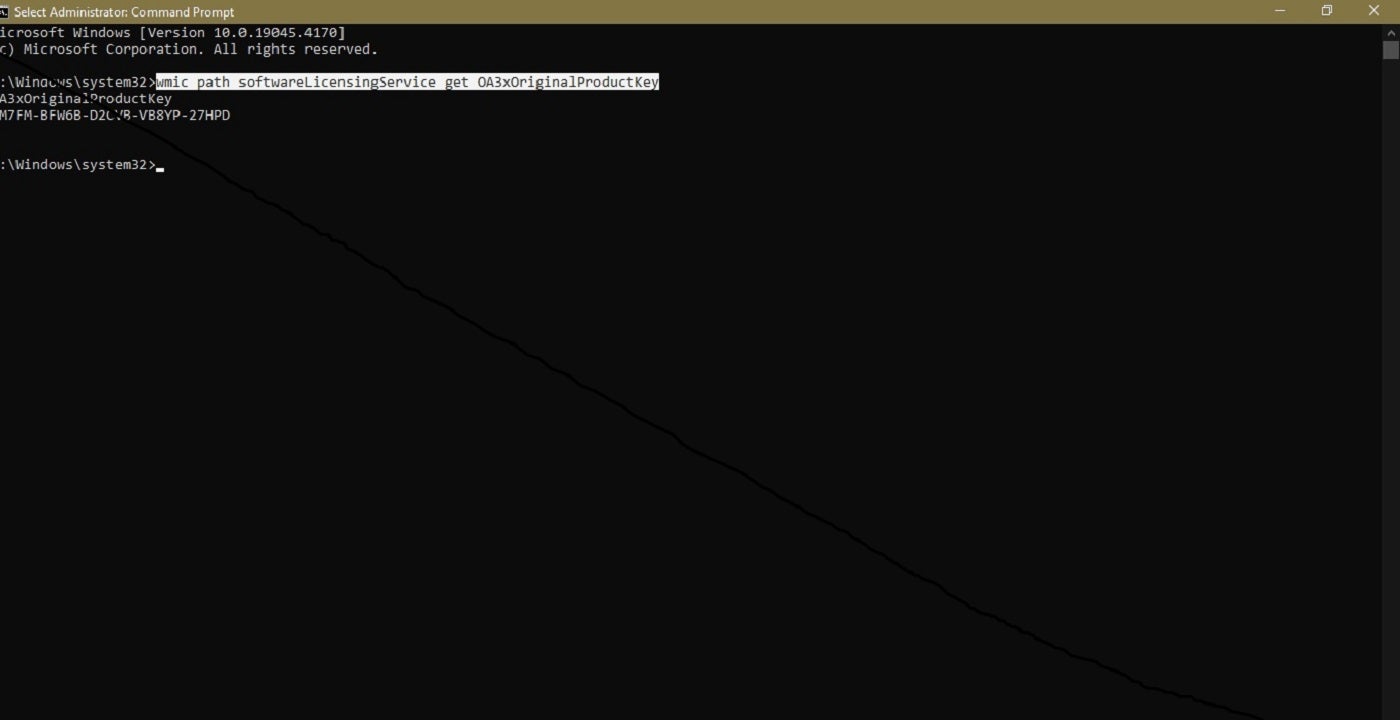 Displaying the Windows 10 Product Key with the Command Prompt.