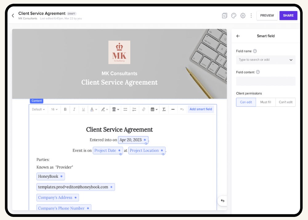Honeybook User View of Contract Template and Builder.