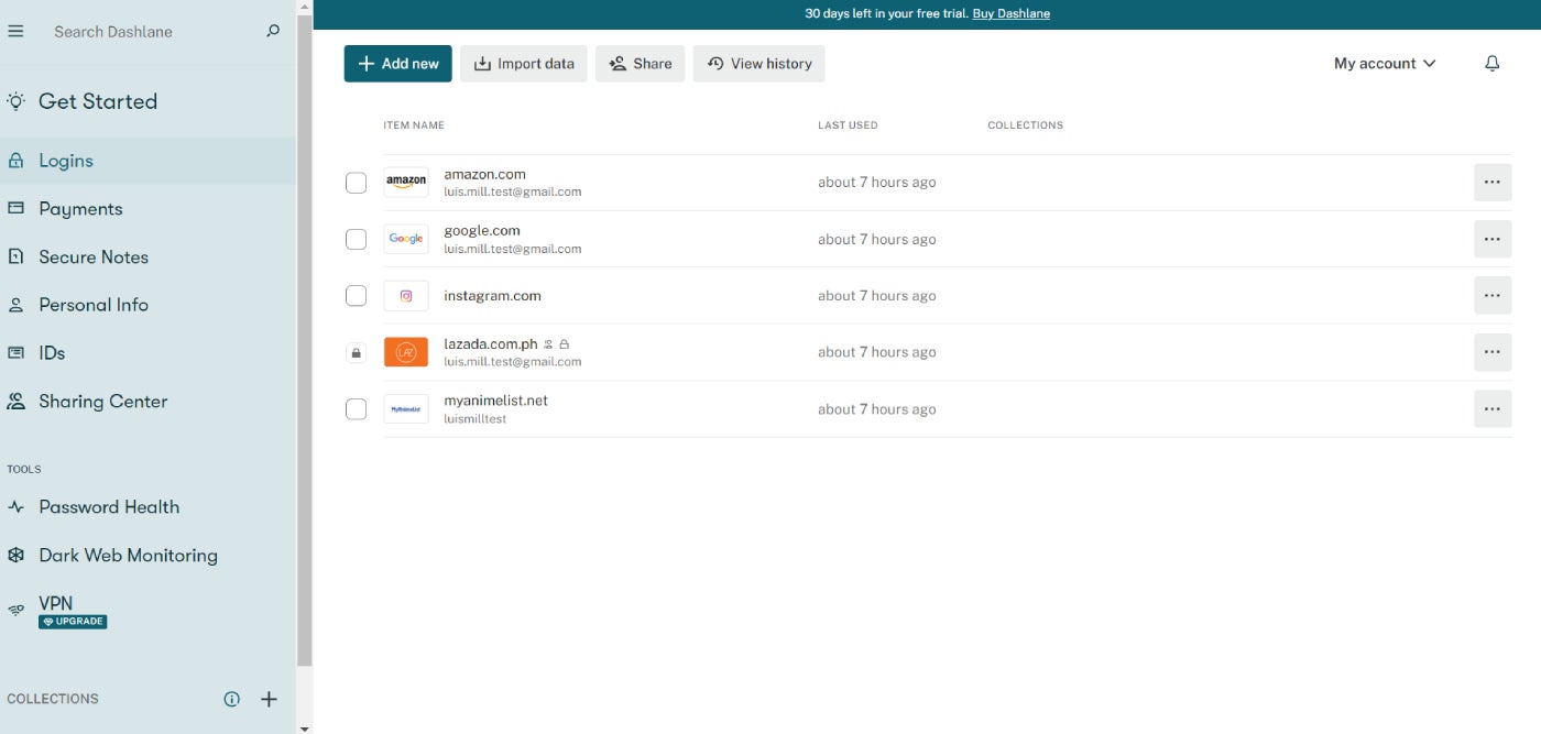 Dashlane’s Main User Interface.
