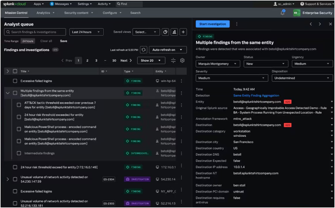 Findings and Investigations Menu in Splunk.