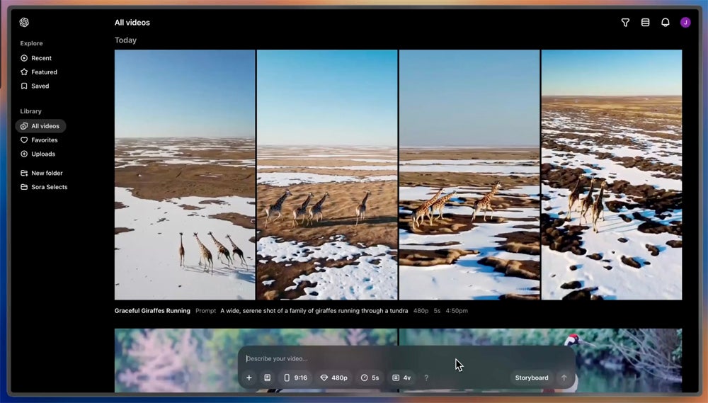 the Sora Interface Includes the Storyboard Layout and Feeds of Featured Videos.