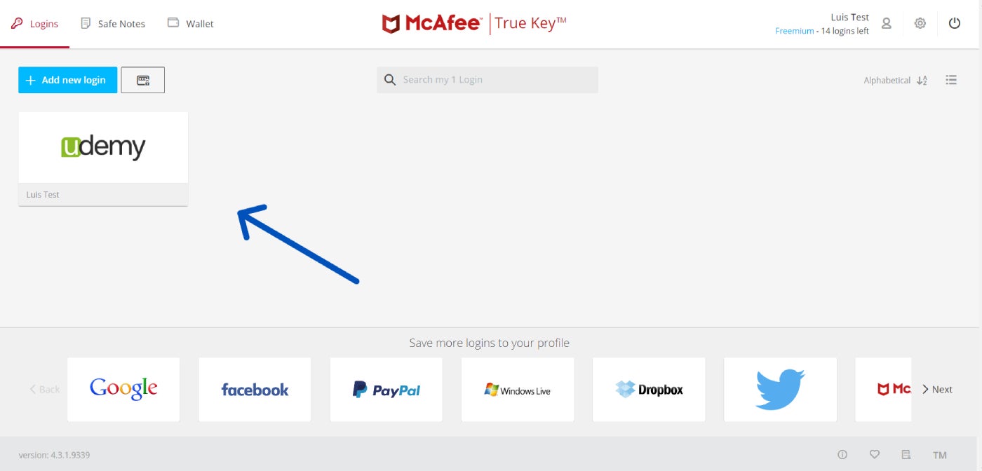 Mcafee True Key User Interface.