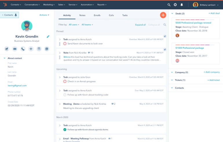 Hubspot’s Sample Contact Record with Unified Interaction Tracking.