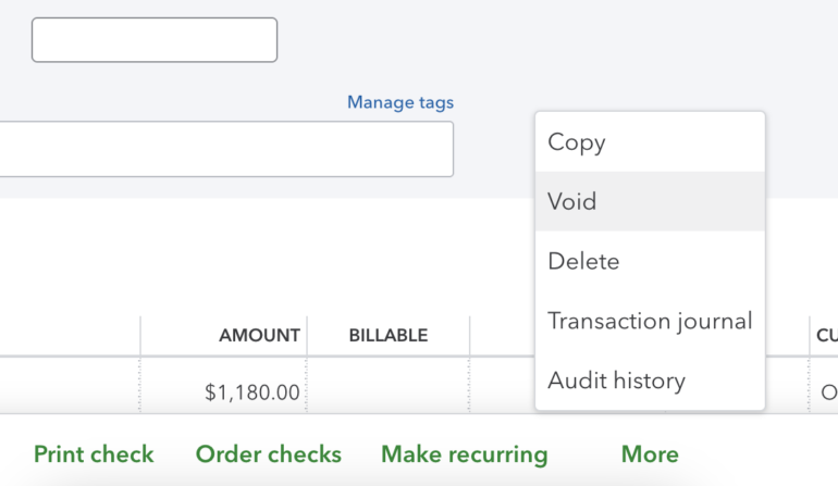 Quickbooks Online Interface Displaying the Expanded "more" Dropdown Menu. the "void" Option is Prominently Highlighted, Indicating the Selection to Void a Transaction. Other Options in the Menu Include "copy," "delete," "transaction Journal," and "audit History."