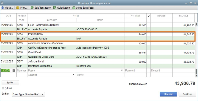 a Quickbooks Desktop Check Register Screen Where a User is Reviewing and Highlighting Transactions. Specific Entries Are Marked for Attention.