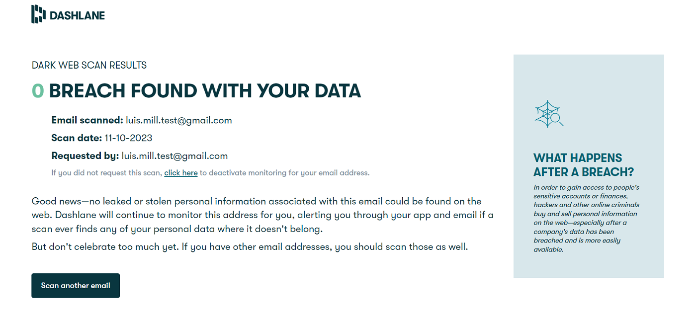 Screenshot of Dark Web Scan Results for Dashlane.