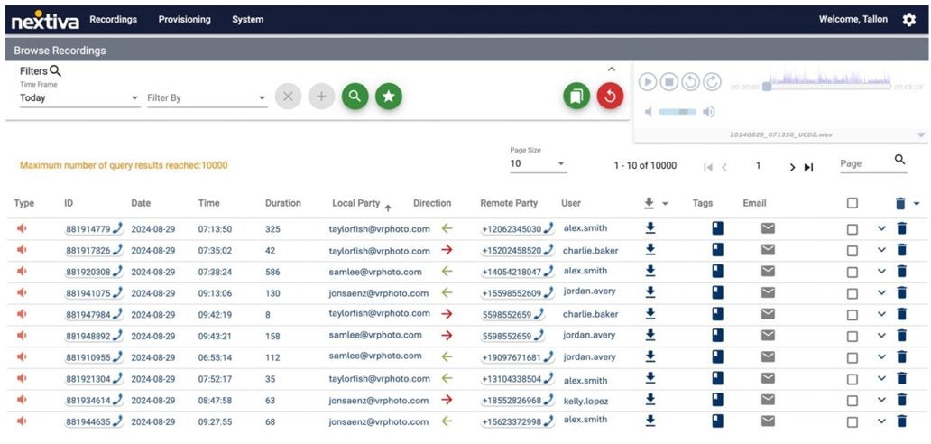 Nextiva's call recording interface