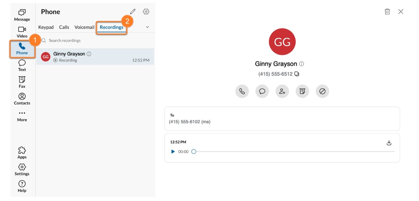 Ringcentral's call recording interface.