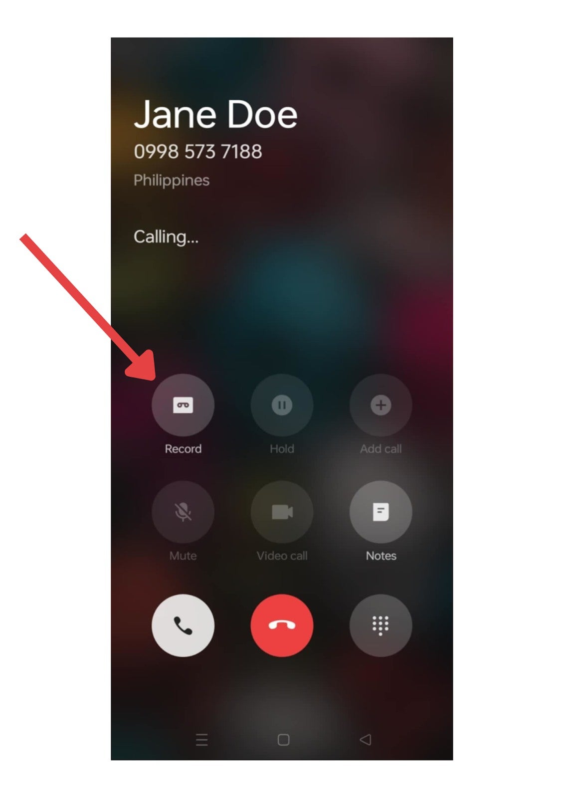 an Arrow Pointing to the Record Button on an Android Calling Interface.