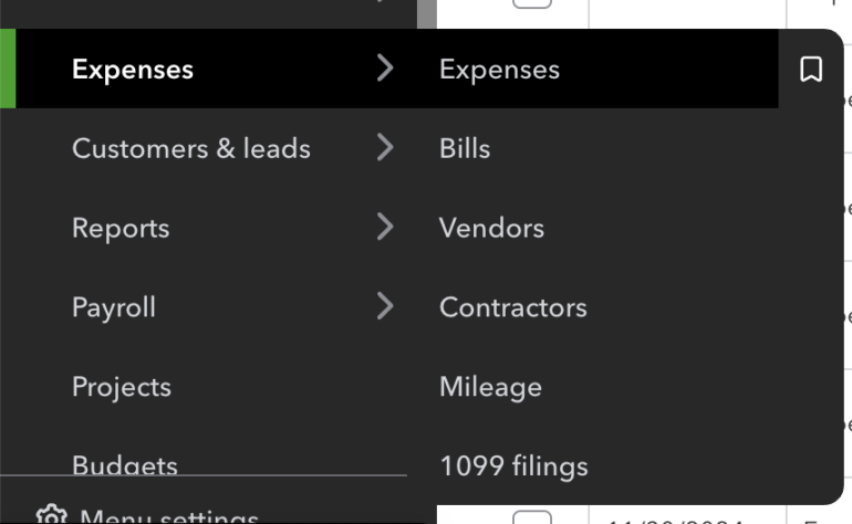 Quickbooks Online Navigation Menu with the "expenses" Tab Expanded, Showing Options Like Bills, Vendors, Contractors, Mileage, and 1099 Filings.
