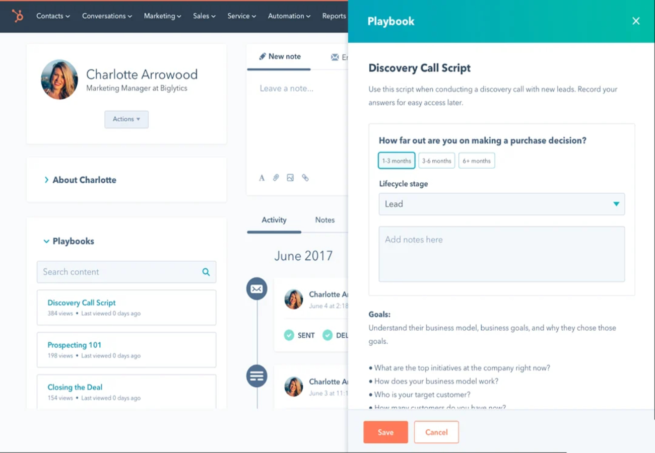 Sample Playbook Feature on Hubspot's dashboard.