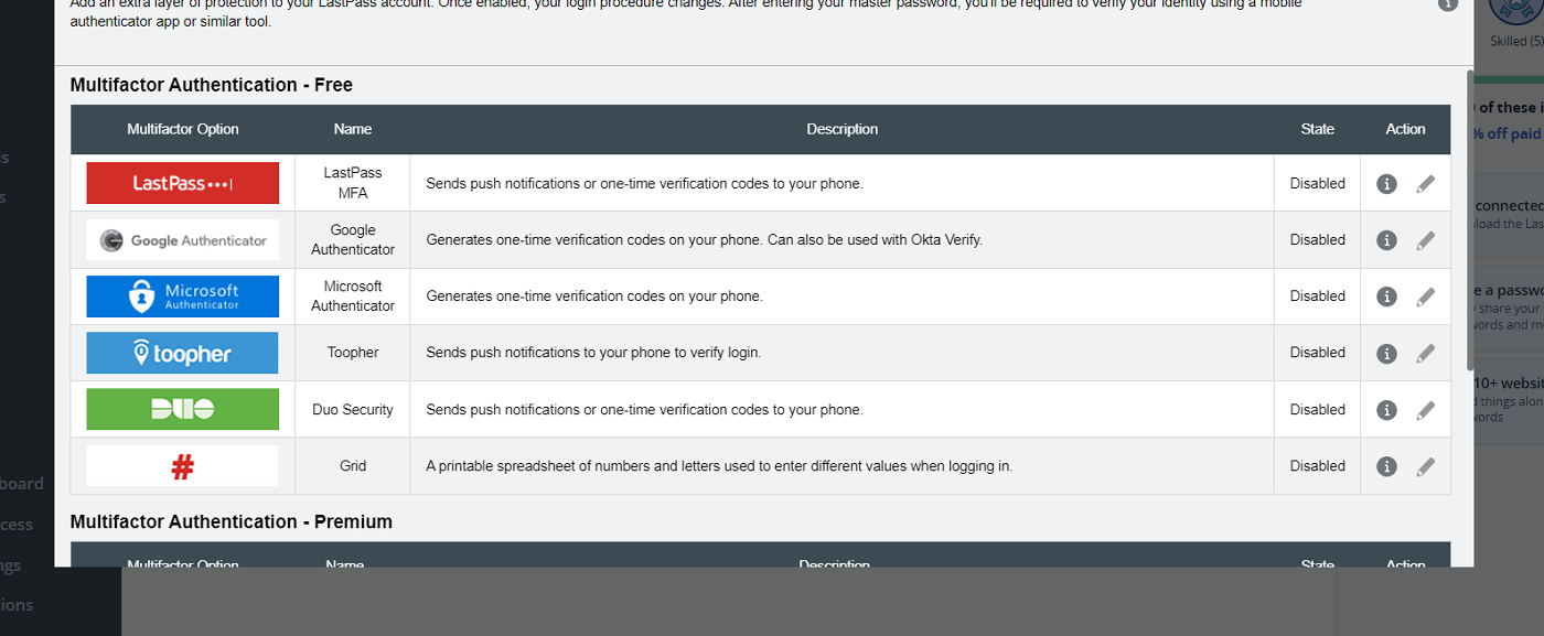Screenshot of Mfa Options for Lastpass Free.