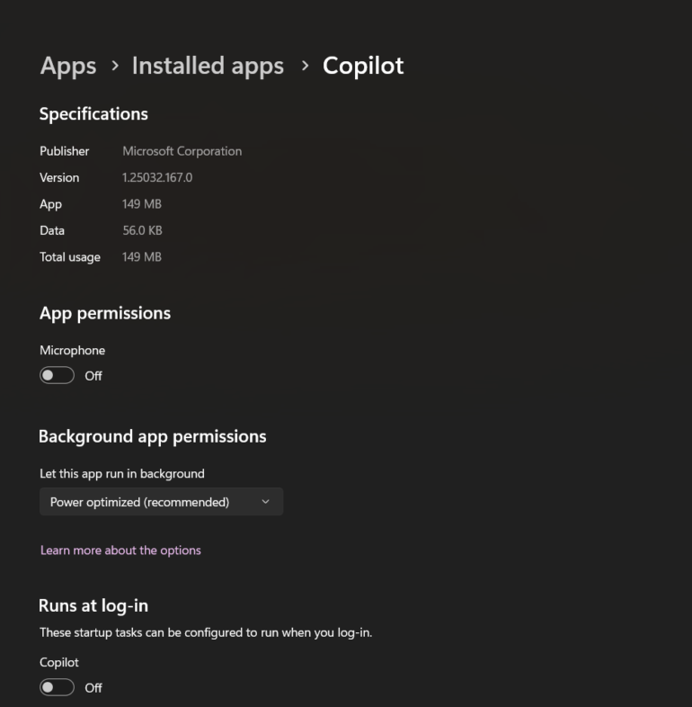 Microsoft App Settings for Copilot.