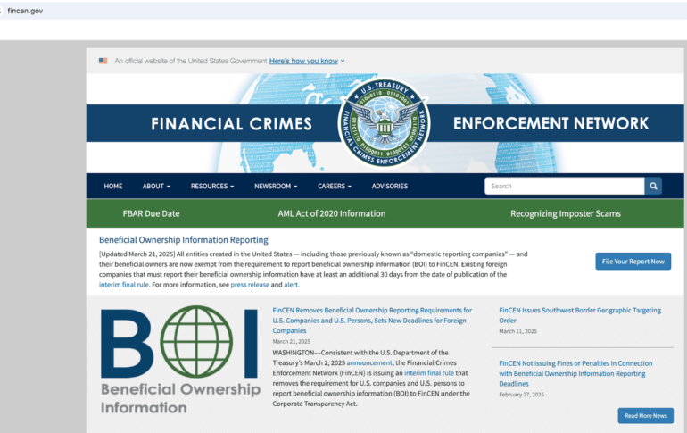 Screenshot of the Fincen Website Showing Updates on Boi Reporting Requirements and Deadlines.