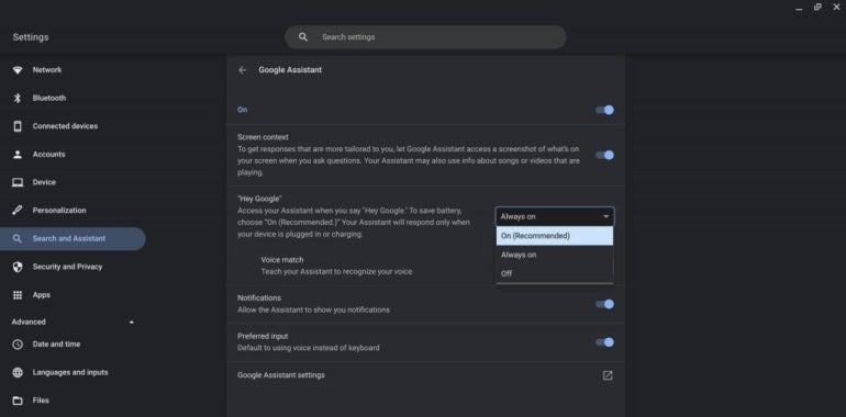 Google Chrome Settings Highlighting How to Turn off Google Assistant.