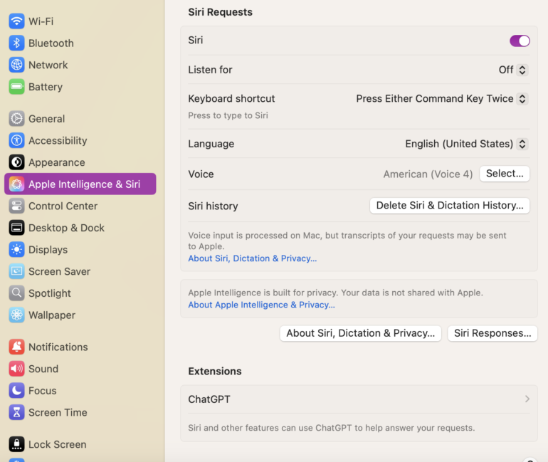 Macos Settings Page for Apple Intelligence and the Siri Voice Assistant.