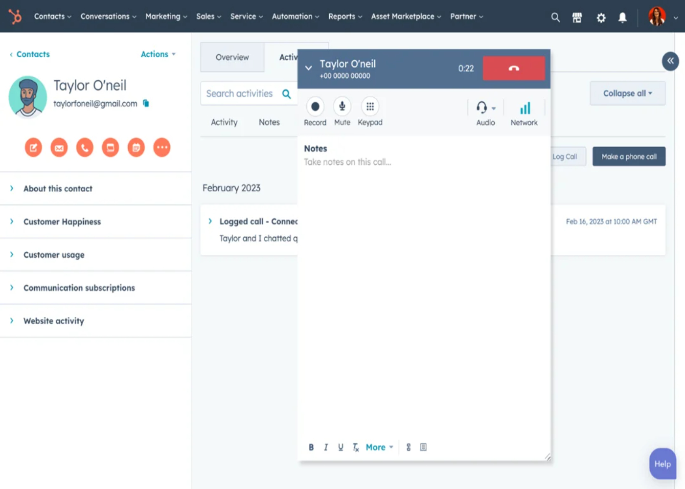 Example Profile in Hubspot's call tracking software.