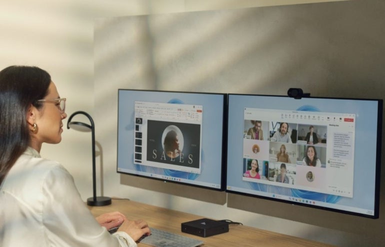 Woman Working with Dual Monitor.