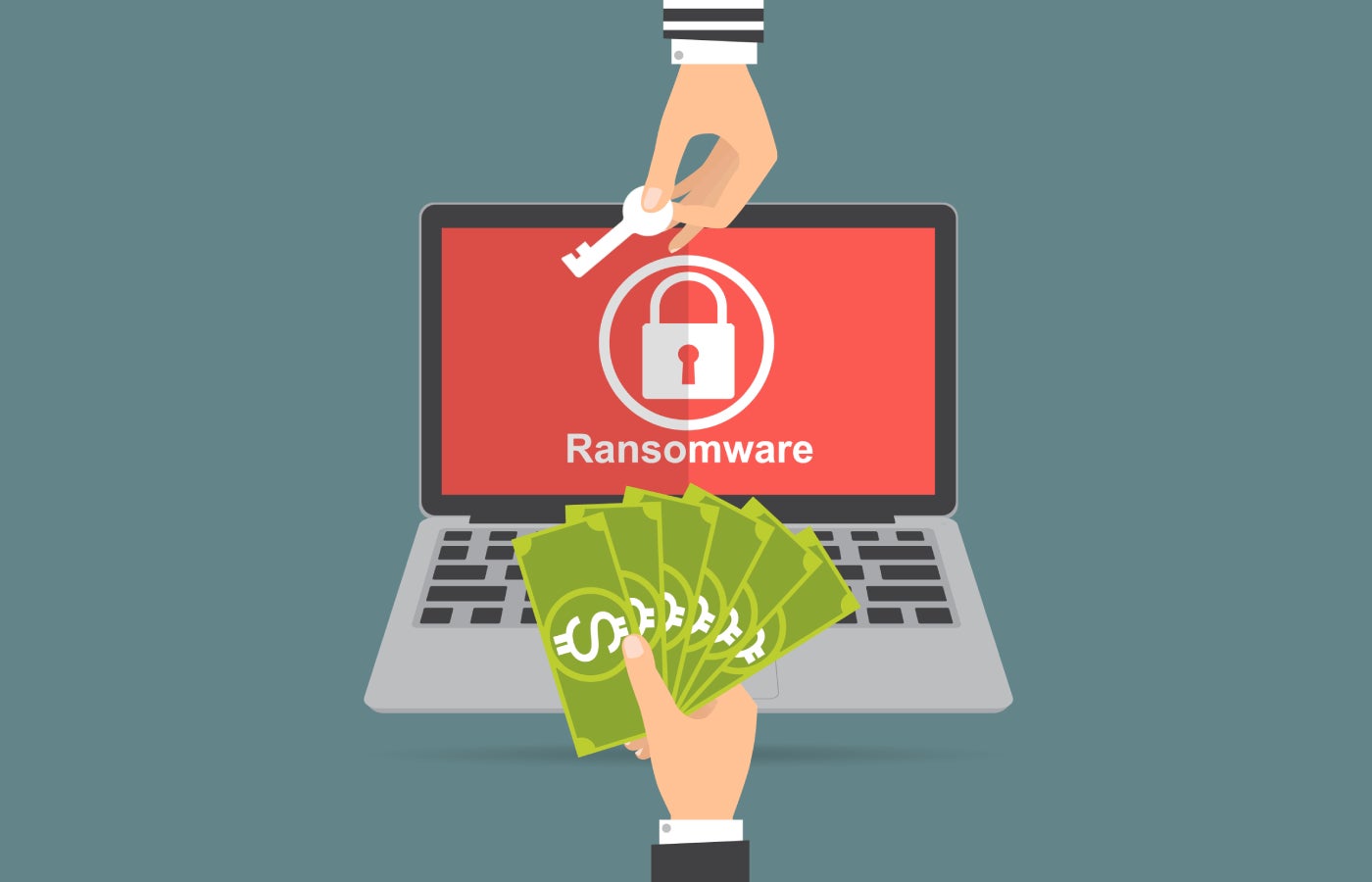 Flat Vector Illustration of a Hand Holding Money for Paying the Key from Hacker for Unlock Folder.