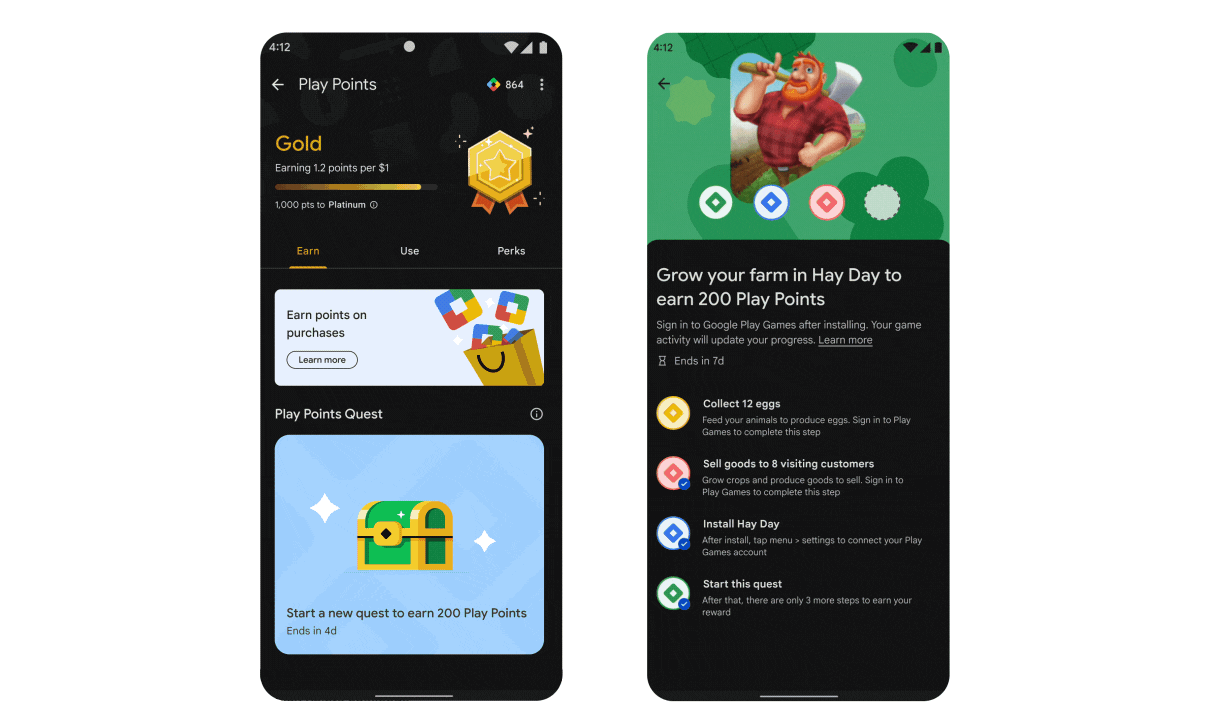 Achievement-based Quests Allowing Users to Grow Their Farm and Earn Play Points in the Mobile Game Hay Day on Google Play